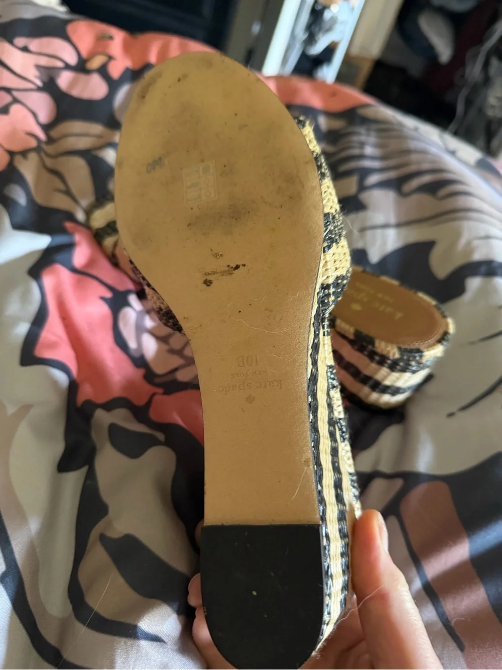 kate spade Black and Natural Striped Woven Slide Mules